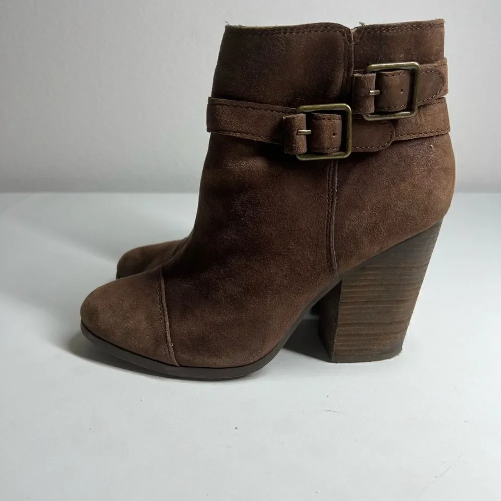 Lucky Brand Womens Lauren Ankle Boots Brown Suede Block Heels Zip Buckle  Sz8M